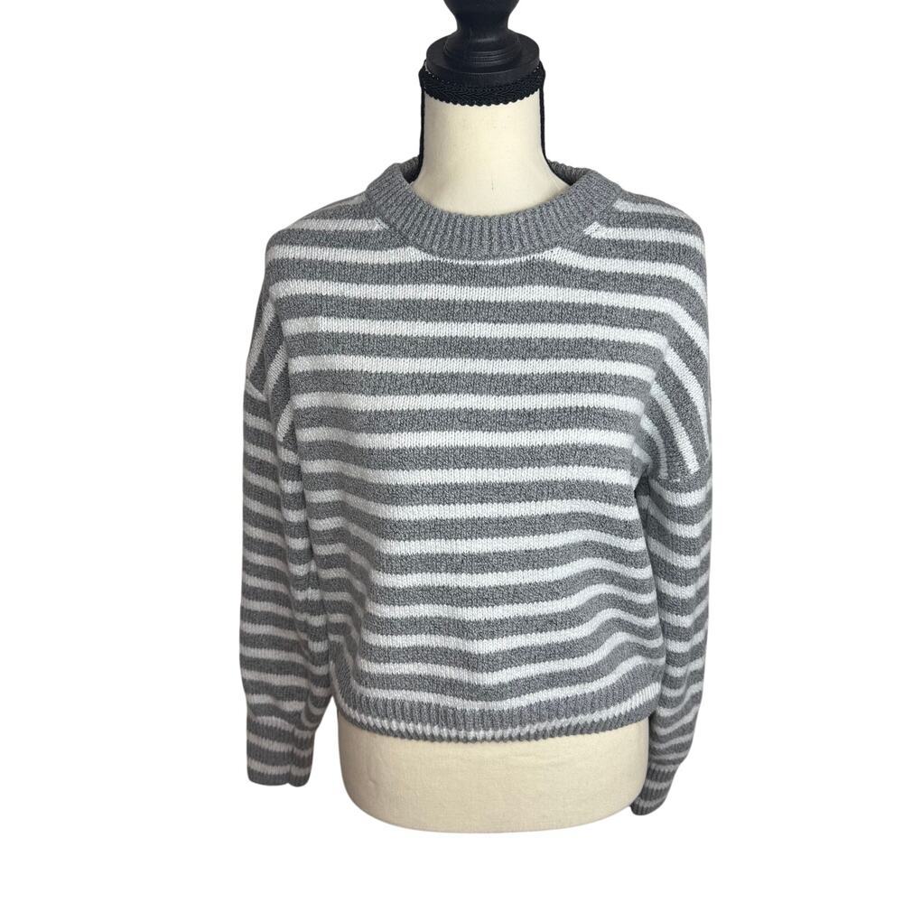 Pink Rose Gray White Striped Sweater Size M Cozy Knit